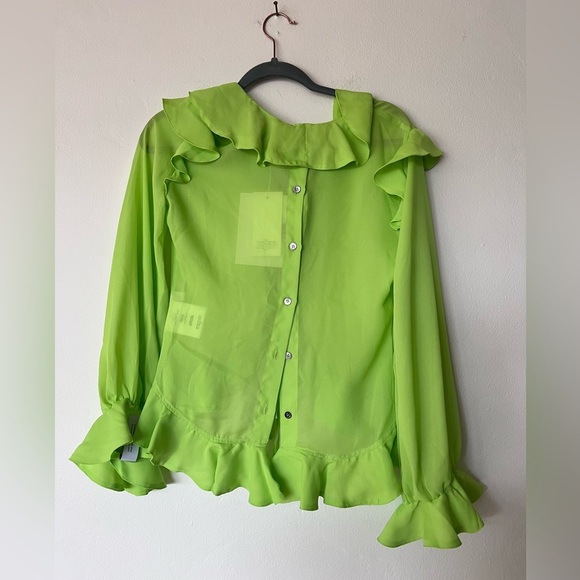 NWT Rokh Neon Green Ruffle Detail Button Down Blouse - Picture 6 of 11